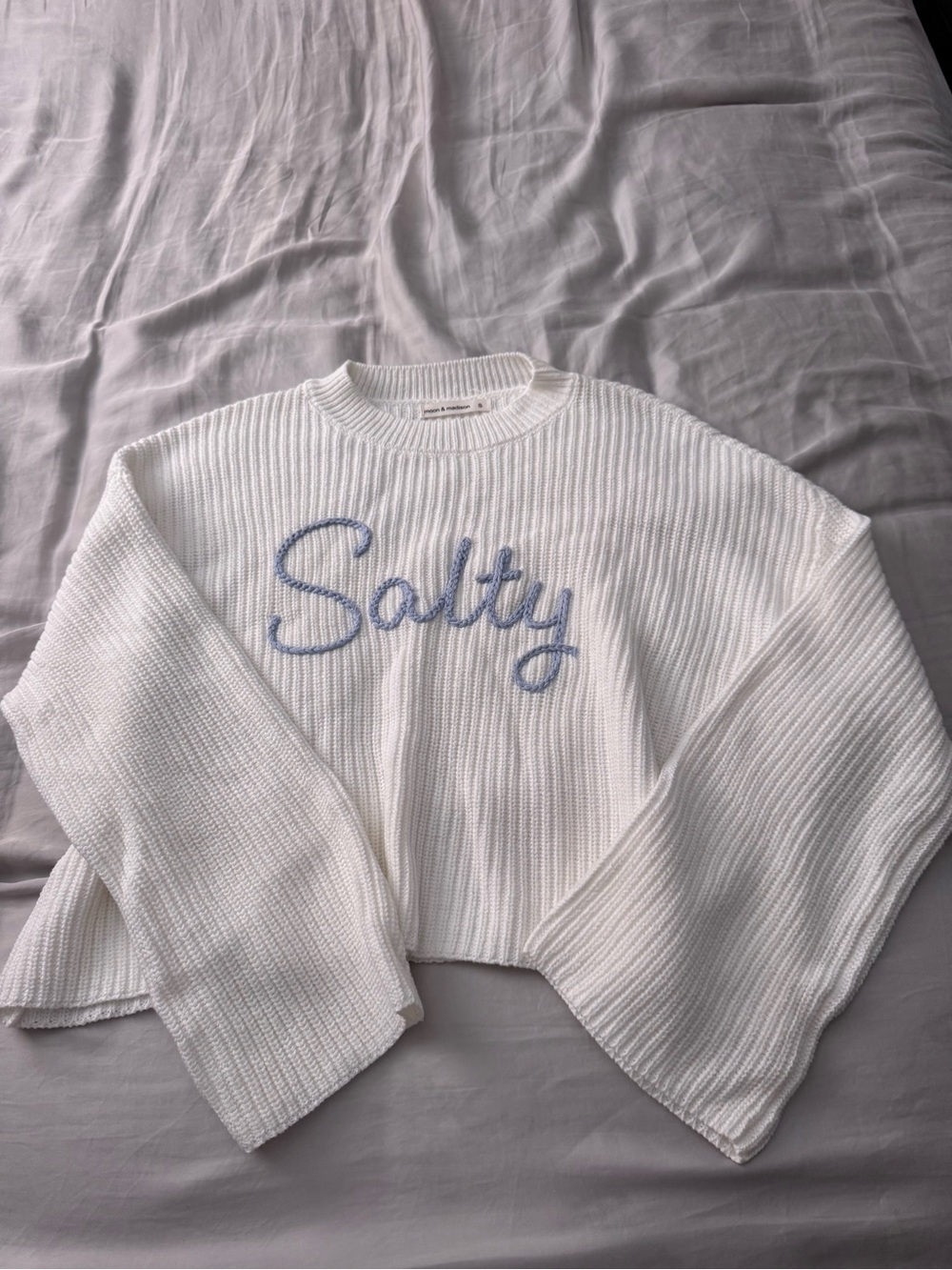 moon & madison White Cropped Knit Sweatshirt with Blue 'Salty' Embroidery - Picture 1 of 2